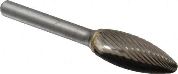 SGS Pro - 1/2" Cut Diam, 1/4" Shank Diam, Flame Head Single Cut Burr - Carbide, Radius End, 1-1/4" LOC - Caliber Tooling