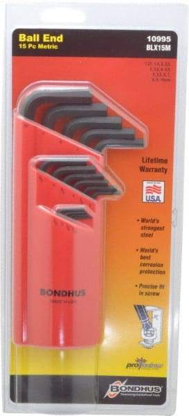 Bondhus - 15 Piece L-Key Ball End Hex Key Set - Hex Range 1.27 to 10mm - Caliber Tooling