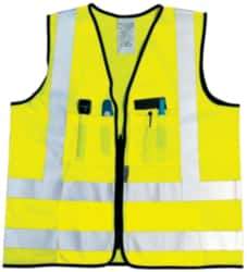 OccuNomix - Size M High Visibility Yellow Solid Surveyor's Vest - 36 to 38" Chest, ANSI 107-2015, Zipper Closure, 12 Pockets, Polyester - Caliber Tooling