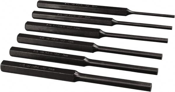 Mayhew - 6 Piece, 3 to 8mm, Roll Pin Punch Set - Hex Shank, Alloy Steel, Comes in Pouch - Caliber Tooling