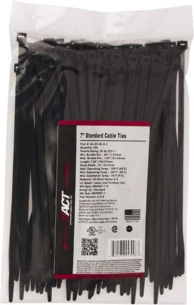 Made in USA - 7.562" Long Black Nylon Standard Cable Tie - 50 Lb Tensile Strength, 1.32mm Thick, 47.63mm Max Bundle Diam - Caliber Tooling