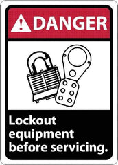 NMC - "Danger - Lock Out Equipment Before Servicing", 10" Long x 7" Wide, Rigid Plastic Safety Sign - Rectangle, 0.05" Thick, Use for Accident Prevention - Caliber Tooling