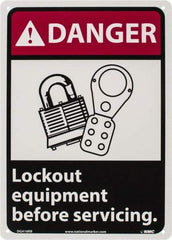 NMC - "Danger - Lock Out Equipment Before Servicing", 14" Long x 10" Wide, Rigid Plastic Safety Sign - Rectangle, 0.05" Thick, Use for Accident Prevention - Caliber Tooling