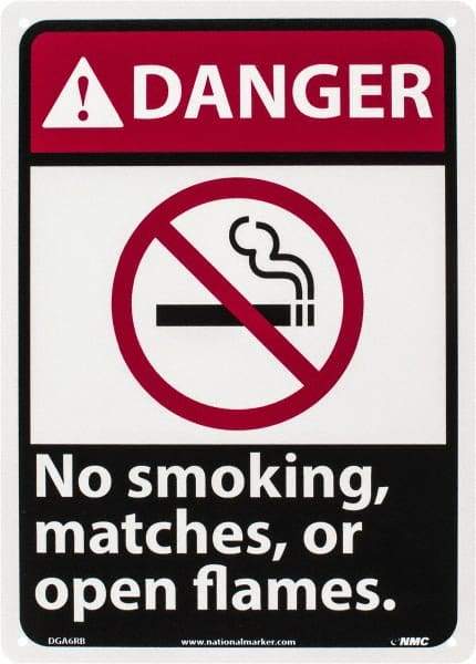 NMC - "Danger - No Smoking, Matches or Open Flames", 14" Long x 10" Wide, Rigid Plastic Safety Sign - Rectangle, 0.05" Thick, Use for Accident Prevention - Caliber Tooling