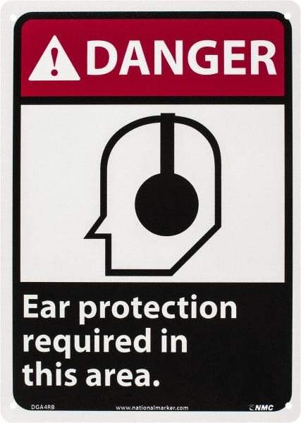 NMC - "Danger - Ear Protection Required in This Area", 14" Long x 10" Wide, Rigid Plastic Safety Sign - Rectangle, 0.05" Thick, Use for Accident Prevention - Caliber Tooling