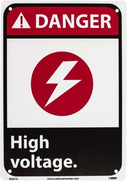 NMC - "Danger - High Voltage", 10" Long x 7" Wide, Rigid Plastic Safety Sign - Rectangle, 0.05" Thick, Use for Accident Prevention - Caliber Tooling