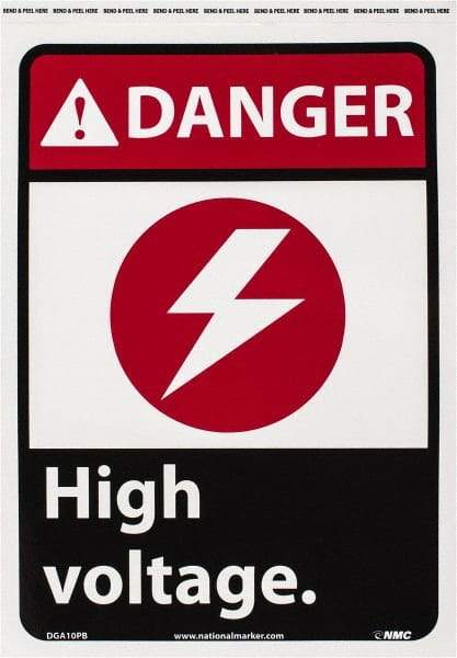 NMC - "Danger - High Voltage", 14" Long x 10" Wide, Pressure-Sensitive Vinyl Safety Sign - Rectangle, 0.004" Thick, Use for Accident Prevention - Caliber Tooling