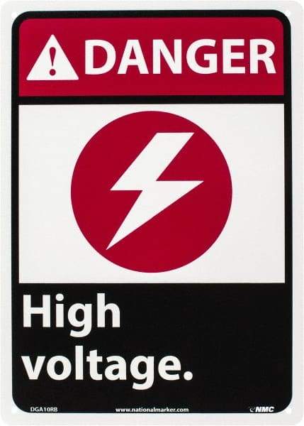 NMC - "Danger - High Voltage", 14" Long x 10" Wide, Rigid Plastic Safety Sign - Rectangle, 0.05" Thick, Use for Accident Prevention - Caliber Tooling