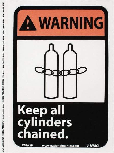 NMC - "Warning - Keep All Cylinders Chained", 10" Long x 7" Wide, Pressure-Sensitive Vinyl Safety Sign - Rectangle, 0.004" Thick, Use for Accident Prevention - Caliber Tooling