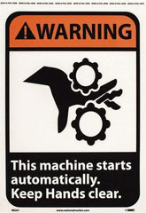 NMC - "Warning - This Machine Starts Automatically - Keep Hands Clear", 14" Long x 10" Wide, Pressure-Sensitive Vinyl Safety Sign - Rectangle, 0.004" Thick, Use for Accident Prevention - Caliber Tooling