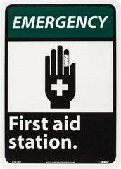 NMC - "Emergency - First Aid Station", 14" Long x 10" Wide, Rigid Plastic Safety Sign - Rectangle, 0.05" Thick, Use for First Aid - Caliber Tooling