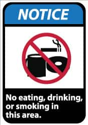 NMC - "Notice - No Eating, Drinking or Smoking in This Area", 10" Long x 7" Wide, Pressure-Sensitive Vinyl Safety Sign - Rectangle, 0.004" Thick, Use for Security & Admittance - Caliber Tooling