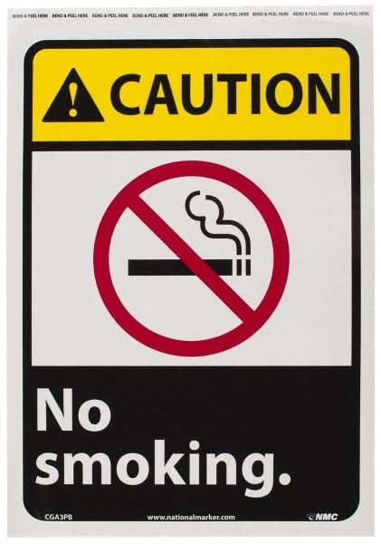 NMC - "Caution - No Smoking", 14" Long x 10" Wide, Pressure-Sensitive Vinyl Safety Sign - Rectangle, 0.004" Thick, Use for Accident Prevention - Caliber Tooling