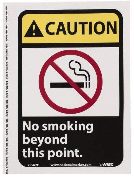 NMC - "Caution - No Smoking Beyond This Point", 10" Long x 7" Wide, Pressure-Sensitive Vinyl Safety Sign - Rectangle, 0.004" Thick, Use for Accident Prevention - Caliber Tooling