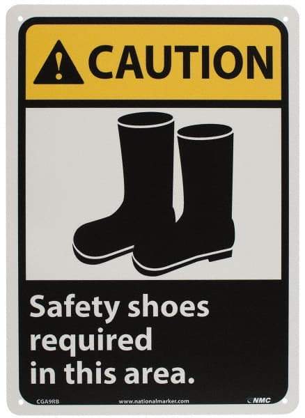 NMC - "Caution - Safety Shoes Required in This Area", 14" Long x 10" Wide, Rigid Plastic Safety Sign - Rectangle, 0.05" Thick, Use for Accident Prevention - Caliber Tooling