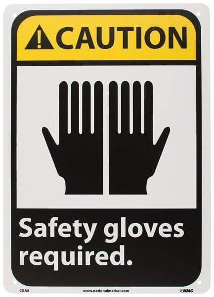 NMC - "Caution - Safety Gloves Required", 14" Long x 10" Wide, Rigid Plastic Safety Sign - Rectangle, 0.05" Thick, Use for Accident Prevention - Caliber Tooling