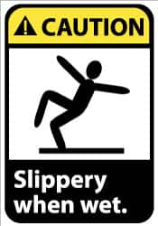 NMC - "Caution - Slippery When Wet", 14" Long x 10" Wide, Rigid Plastic Safety Sign - Rectangle, 0.05" Thick, Use for Accident Prevention - Caliber Tooling