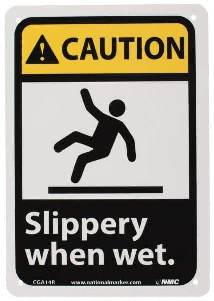 NMC - "Caution - Slippery When Wet", 10" Long x 7" Wide, Rigid Plastic Safety Sign - Rectangle, 0.05" Thick, Use for Accident Prevention - Caliber Tooling