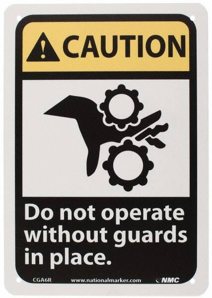 NMC - "Caution - Do Not Operate without Guards in Place", 10" Long x 7" Wide, Rigid Plastic Safety Sign - Rectangle, 0.05" Thick, Use for Accident Prevention - Caliber Tooling