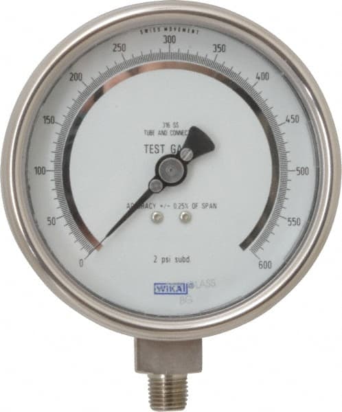 Wika - 4" Dial, 1/4 Thread, 0-600 Scale Range, Pressure Gauge - Lower Connection Mount, Accurate to 0.25% of Scale - Caliber Tooling