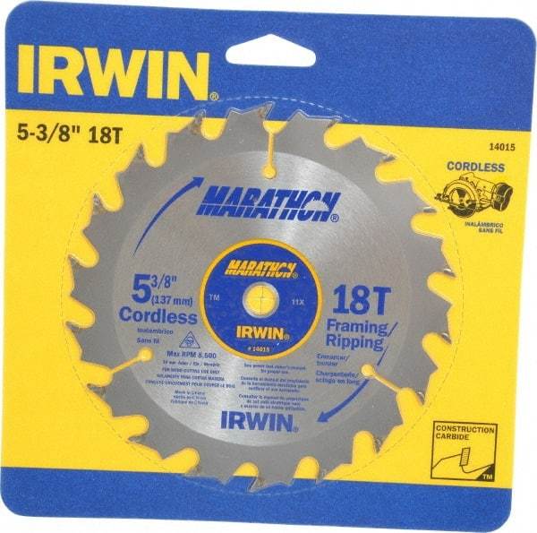 Irwin - 5-3/8" Diam, 10mm Arbor Hole Diam, 18 Tooth Wet & Dry Cut Saw Blade - Carbide-Tipped, Framing & Ripping Action, Standard Round Arbor - Caliber Tooling