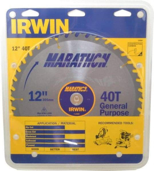 Irwin - 12" Diam, 1" Arbor Hole Diam, 40 Tooth Wet & Dry Cut Saw Blade - Carbide-Tipped, General Purpose Action, Standard Round Arbor - Caliber Tooling