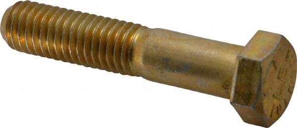 Made in USA - 1/2-13 UNC, 2-1/2" Length Under Head Hex Head Cap Screw - Partially Threaded, Grade 8 Alloy Steel, Zinc Yellow Dichromate Finish, 3/4" Hex - Caliber Tooling