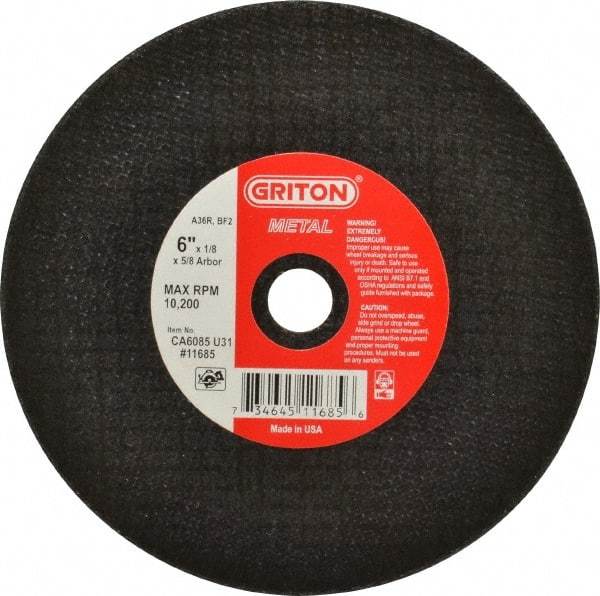 Made in USA - 6" 36 Grit Aluminum Oxide Cutoff Wheel - 1/8" Thick, 5/8" Arbor, 10,186 Max RPM, Use with Circular Saws - Caliber Tooling