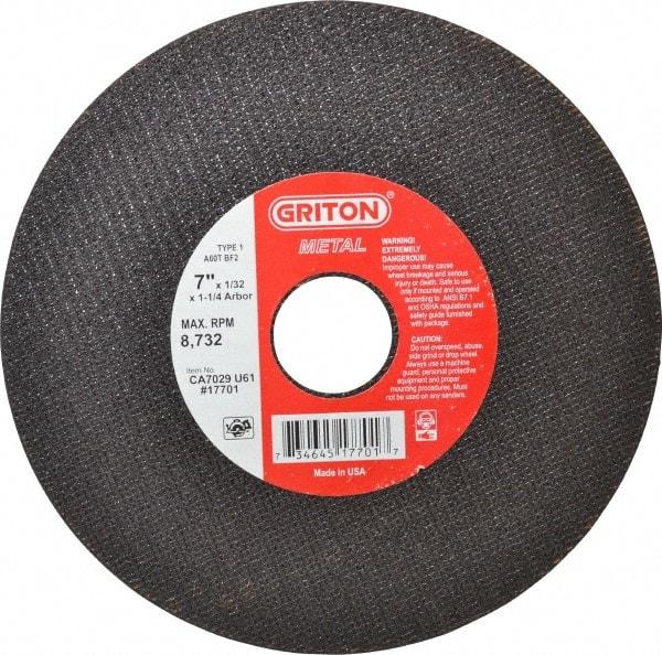 Value Collection - 7" 60 Grit Aluminum Oxide Cutoff Wheel - 1/32" Thick, 1-1/4" Arbor, 8,732 Max RPM, Use with Stationary Tools - Caliber Tooling