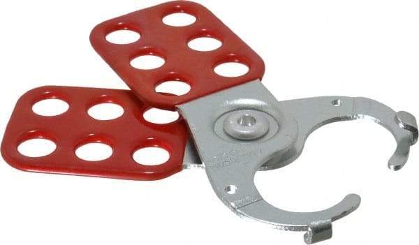 American Lock - Single Jaw, 1" Jaw Diam, 6 PadLocks, Steel Lockout Hasp - Scissor Action, 4-1/2" Long, Red - Caliber Tooling