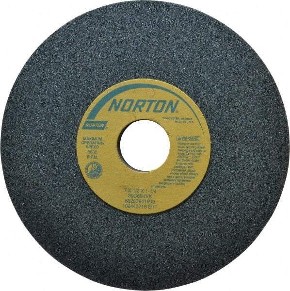 Norton - 7" Diam x 1-1/4" Hole x 1/2" Thick, I Hardness, 60 Grit Surface Grinding Wheel - Silicon Carbide, Type 1, Medium Grade, 3,600 Max RPM, Vitrified Bond, No Recess - Caliber Tooling