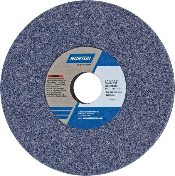 Norton - 7" Diam x 1-1/4" Hole x 1/2" Thick, H Hardness, 46 Grit Surface Grinding Wheel - Aluminum Oxide, Type 1, Coarse Grade, 3,600 Max RPM, Vitrified Bond, No Recess - Caliber Tooling