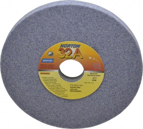 Norton - 7" Diam x 1-1/4" Hole x 1/2" Thick, I Hardness, 46 Grit Surface Grinding Wheel - Aluminum Oxide, Type 1, Coarse Grade, 3,600 Max RPM, Vitrified Bond, No Recess - Caliber Tooling