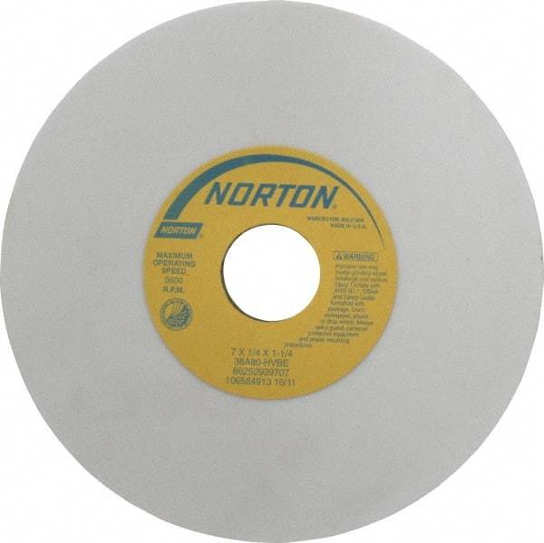 Norton - 7" Diam x 1-1/4" Hole x 1/4" Thick, H Hardness, 80 Grit Surface Grinding Wheel - Aluminum Oxide, Type 1, Medium Grade, 3,600 Max RPM, Vitrified Bond, No Recess - Caliber Tooling