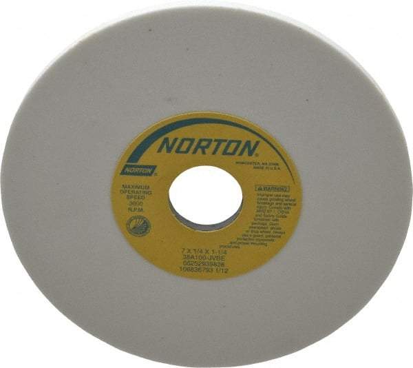 Norton - 7" Diam x 1-1/4" Hole x 1/4" Thick, J Hardness, 100 Grit Surface Grinding Wheel - Aluminum Oxide, Type 1, Fine Grade, 3,600 Max RPM, Vitrified Bond, No Recess - Caliber Tooling