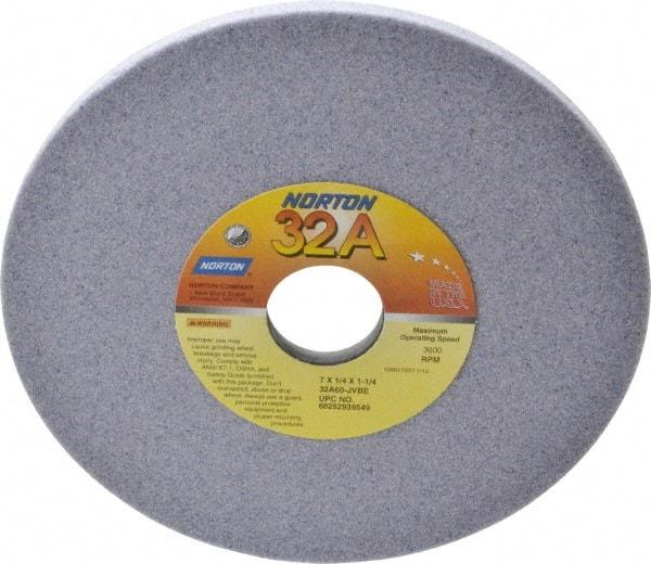 Norton - 7" Diam x 1-1/4" Hole x 1/4" Thick, J Hardness, 60 Grit Surface Grinding Wheel - Aluminum Oxide, Type 1, Medium Grade, 3,600 Max RPM, Vitrified Bond, No Recess - Caliber Tooling