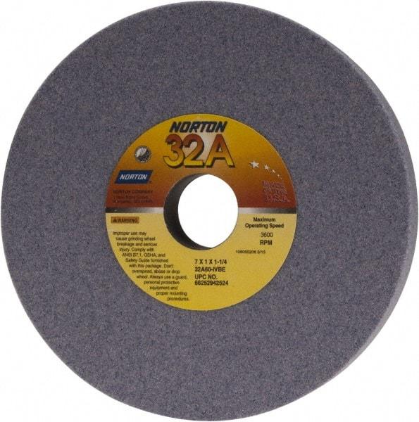 Norton - 7" Diam x 1-1/4" Hole x 1" Thick, I Hardness, 60 Grit Surface Grinding Wheel - Aluminum Oxide, Type 1, Medium Grade, 3,600 Max RPM, Vitrified Bond, No Recess - Caliber Tooling