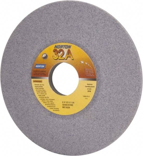 Norton - 6" Diam, 1-1/4" Hole Size, 1/2" Overall Thickness, 60 Grit, Type 12 Tool & Cutter Grinding Wheel - Medium Grade, Aluminum Oxide, K Hardness, Vitrified Bond, 4,140 RPM - Caliber Tooling