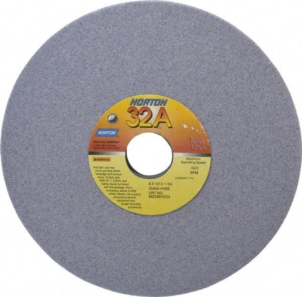 Norton - 8" Diam x 1-1/4" Hole x 1/2" Thick, H Hardness, 60 Grit Surface Grinding Wheel - Aluminum Oxide, Type 1, Medium Grade, 3,600 Max RPM, Vitrified Bond, No Recess - Caliber Tooling