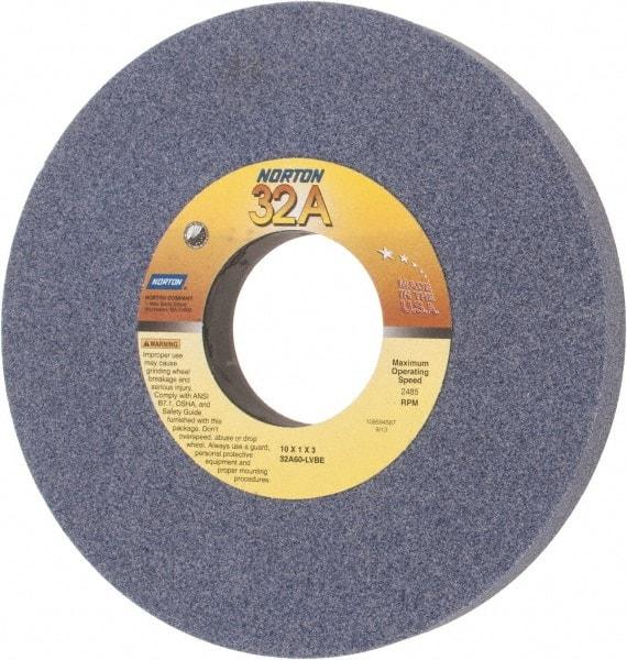 Norton - 10" Diam x 3" Hole x 1" Thick, L Hardness, 60 Grit Surface Grinding Wheel - Aluminum Oxide, Type 1, Medium Grade, 2,485 Max RPM, Vitrified Bond, No Recess - Caliber Tooling