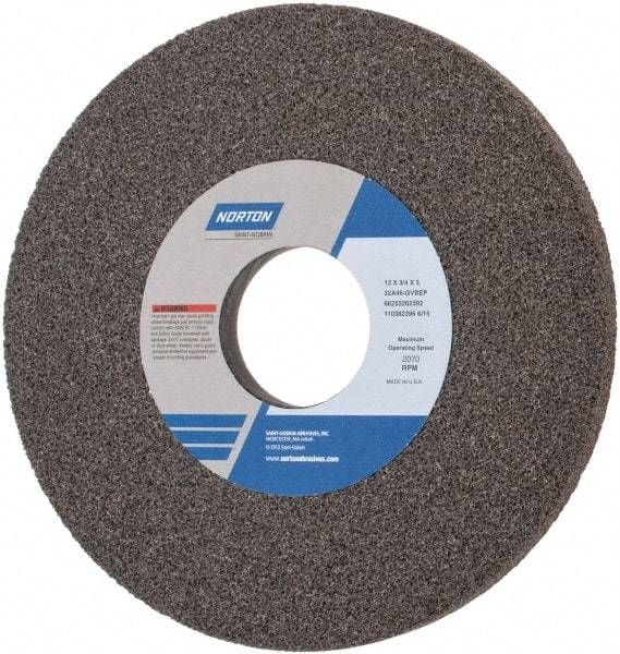 Norton - 12" Diam x 3" Hole x 3/4" Thick, G Hardness, 46 Grit Surface Grinding Wheel - Aluminum Oxide, Type 1, Coarse Grade, 2,070 Max RPM, Vitrified Bond, No Recess - Caliber Tooling