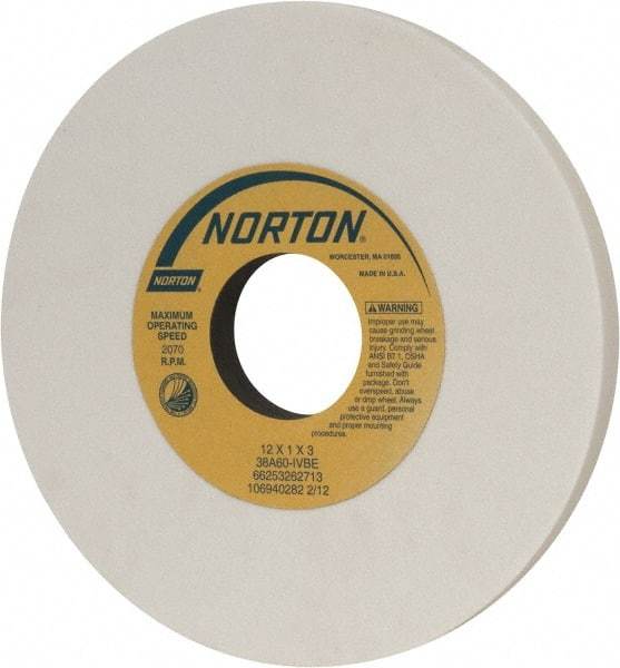 Norton - 12" Diam x 3" Hole x 1" Thick, I Hardness, 60 Grit Surface Grinding Wheel - Aluminum Oxide, Type 1, Medium Grade, 2,070 Max RPM, Vitrified Bond, No Recess - Caliber Tooling