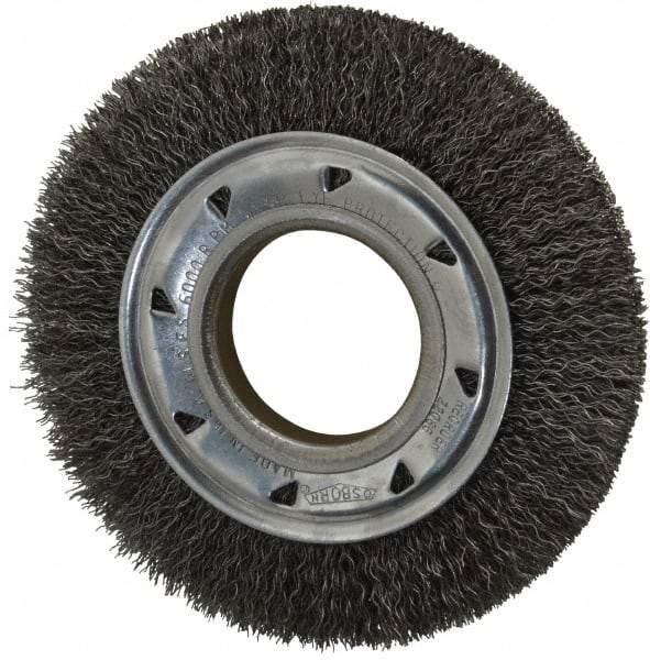 Osborn - 6" OD, 2" Arbor Hole, Crimped Steel Wheel Brush - 7/8" Face Width, 1" Trim Length, 0.014" Filament Diam, 6,000 RPM - Caliber Tooling