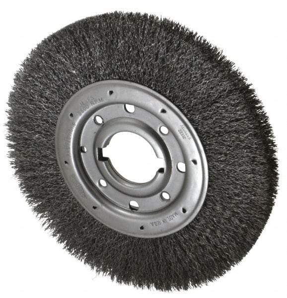 Osborn - 10" OD, 2" Arbor Hole, Crimped Steel Wheel Brush - 1-1/4" Face Width, 2" Trim Length, 0.014" Filament Diam, 3,600 RPM - Caliber Tooling