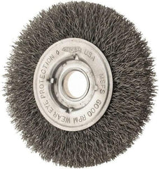 Osborn - 4" OD, 1/2 & 5/8" Arbor Hole, Crimped Steel Wheel Brush - 5/8" Face Width, 13/16" Trim Length, 0.0104" Filament Diam, 6,000 RPM - Caliber Tooling