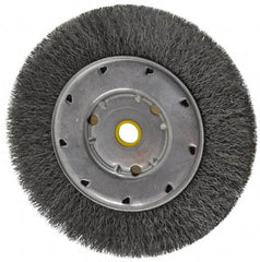 Osborn - 6" OD, 1/2 & 5/8" Arbor Hole, Crimped Steel Wheel Brush - 5/8" Face Width, 1-1/8" Trim Length, 0.008" Filament Diam, 6,000 RPM - Caliber Tooling