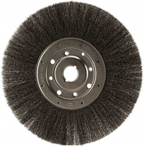 Osborn - 12" OD, 1-1/4" Arbor Hole, Crimped Steel Wheel Brush - 1/2" Face Width, 3" Trim Length, 0.0104" Filament Diam, 3,000 RPM - Caliber Tooling