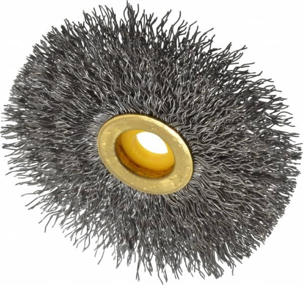 Osborn - 3" OD, 3/8" Arbor Hole, Crimped Steel Wheel Brush - 3/8" Face Width, 15/16" Trim Length, 0.014" Filament Diam, 20,000 RPM - Caliber Tooling