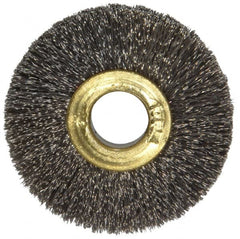 Osborn - 1-1/2" OD, 3/8" Arbor Hole, Crimped Stainless Steel Wheel Brush - 7/32" Face Width, 3/8" Trim Length, 0.005" Filament Diam, 20,000 RPM - Caliber Tooling