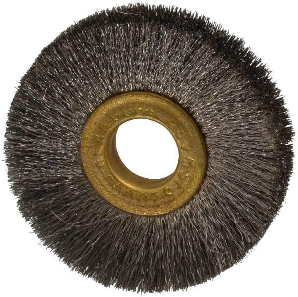 Osborn - 2" OD, 1/2" Arbor Hole, Crimped Stainless Steel Wheel Brush - 1/4" Face Width, 1/2" Trim Length, 0.005" Filament Diam, 20,000 RPM - Caliber Tooling